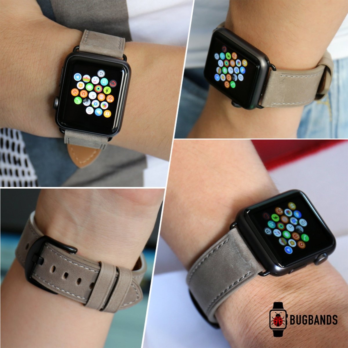 Grey BB Full Grain Leather Apple Watch Band - BugBands